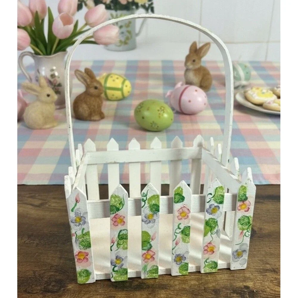 Floral White Picket Basket 12” Tall 8” Wide Wood Cottage Decor Easter Spring